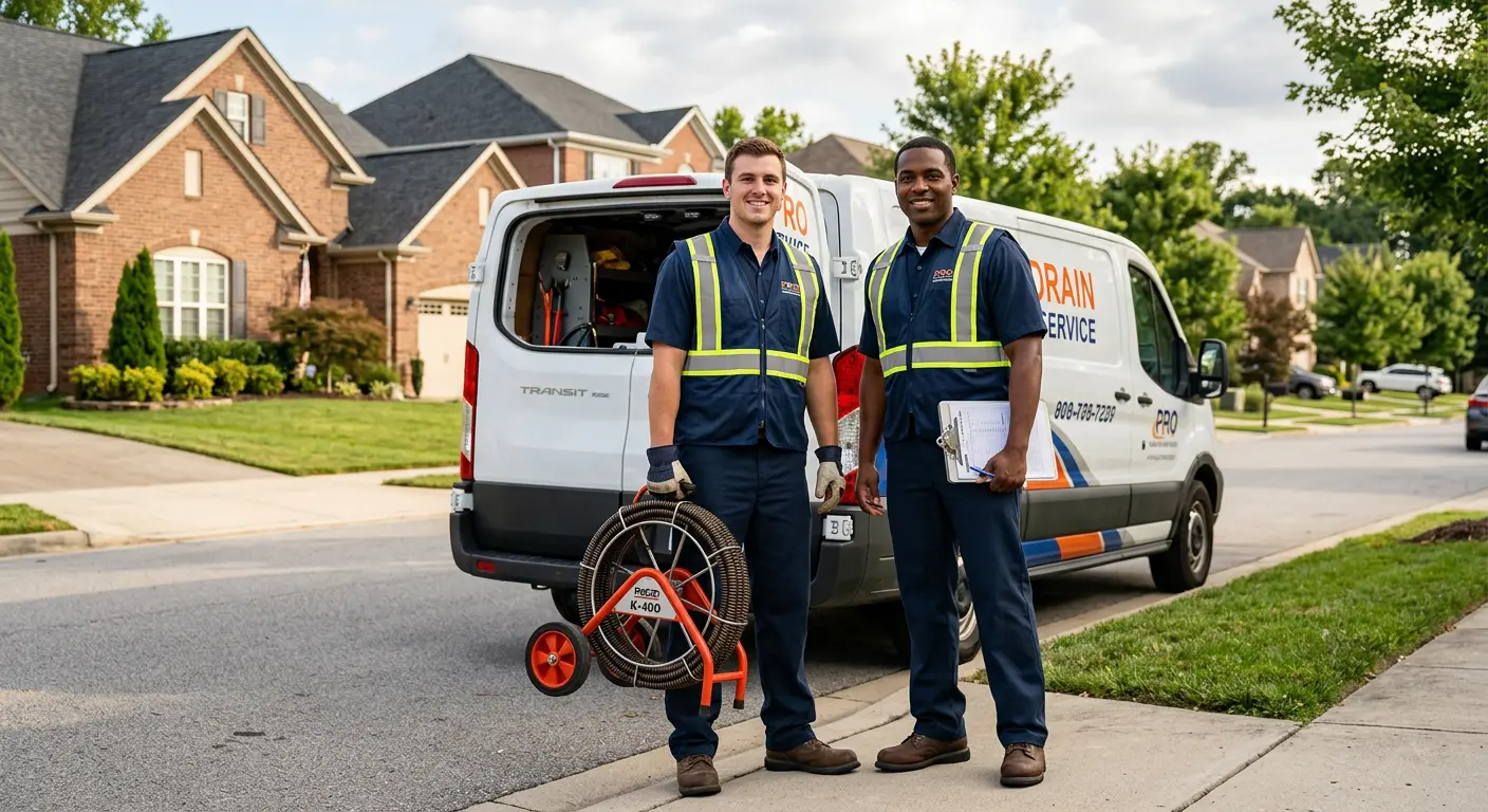 Sewer and drain service team with equipment ready for work in South Portland