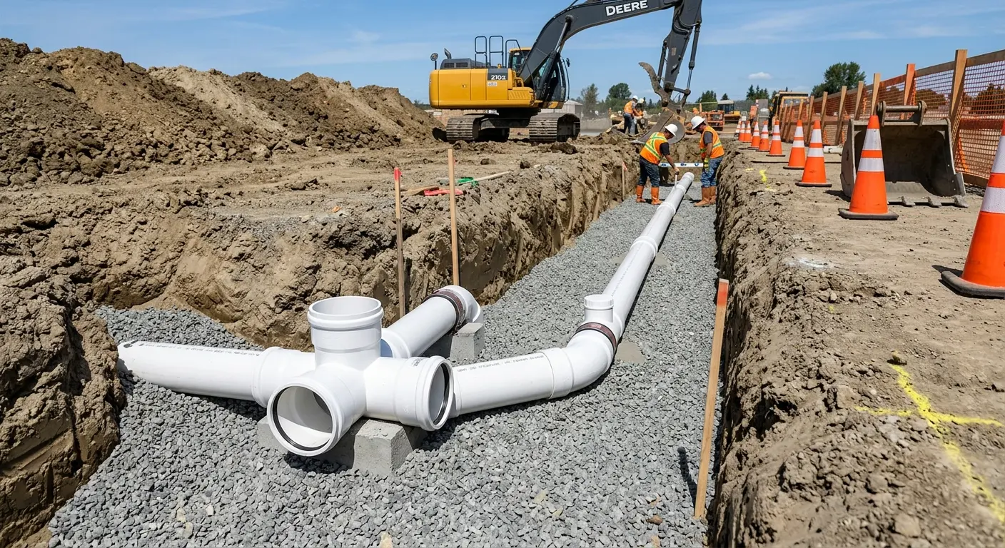 New PVC sewer pipe installation in open trench for Sewer Camera Inspection in South Portland