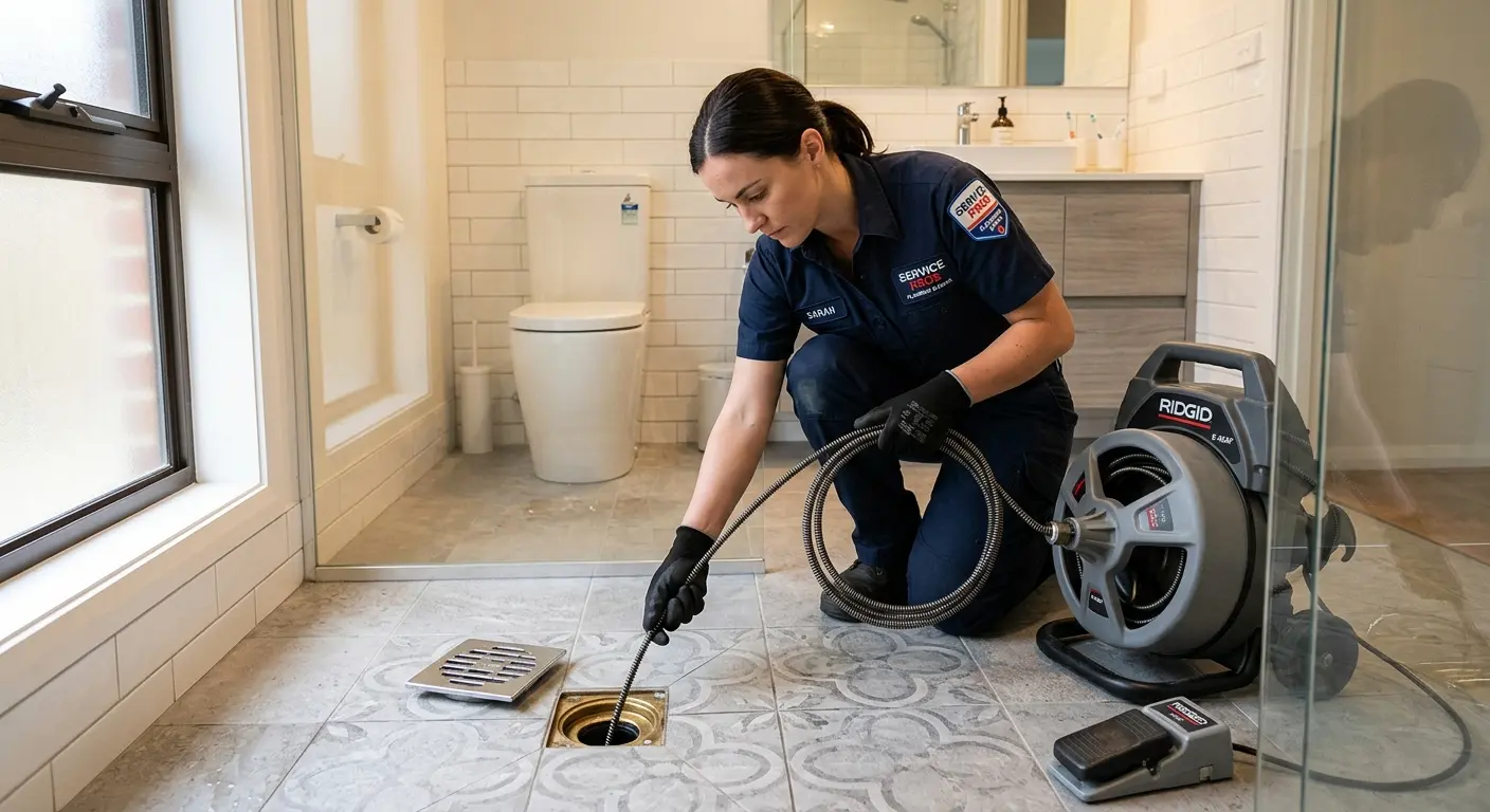 Technician clearing a bathroom floor drain for Drain Repair in South Portland